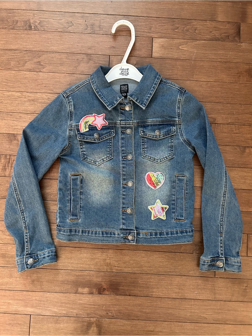 deux par deux Blue Denim Jacket with Rainbow Patch Accents